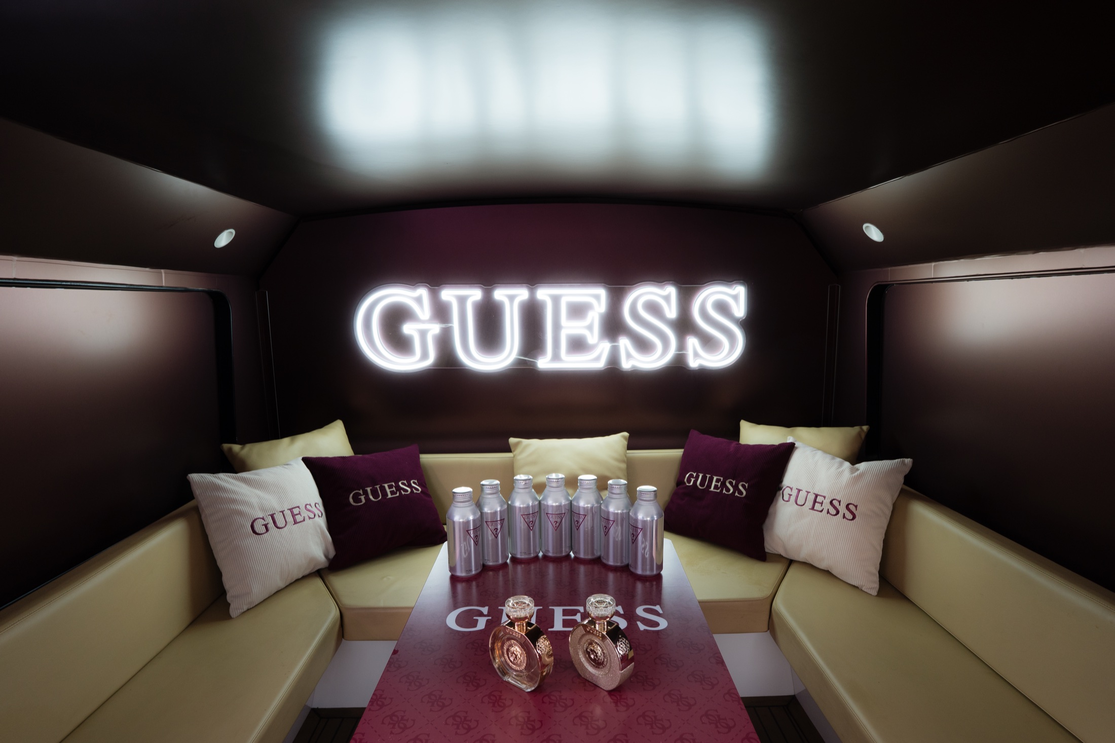 Private GUESS lounge inside the fashion bus